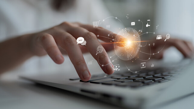 Visualization of global digital communication and online across multiple platforms, including global network, digital network, communication network, and online network. Latch - Powered by Adobe