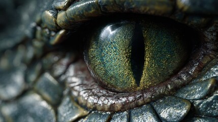 Macro shot of green reptile eye close-up.