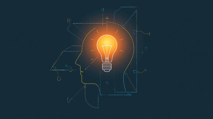 Brilliant idea concept with glowing light bulb in human head outline, symbolizing innovation, creative thinking, intelligence, solution, and digital technology, dark background, conceptual, futuris