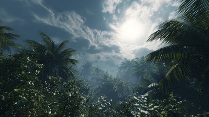 Sunlight shining through dense palm leaves.