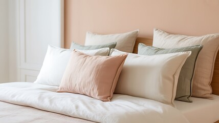 White bed with beige and green pillows in a cozy room with a peach-colored wall