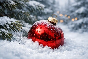 Red Christmas Ornament Covered in Snow with Soft Winter Bokeh