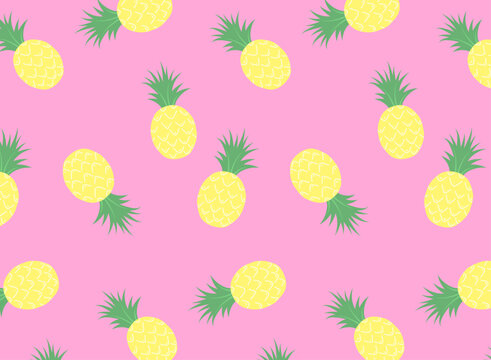 Seamless summer pattern with yellow pineapples and green leaves scattered on bright pink background. Fun flat tropical fruit vector texture perfect for wrapping paper, fabric, beachwear, party decor 