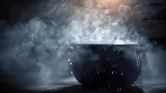 Mystical cauldron emitting steam in dark mysterious atmosphere