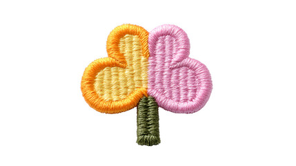 Yellow clover patch, pink and orange embroidery, green stem, isolated on transparent background, cheerful and playful design for clothing or accessories