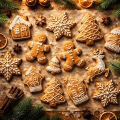 Assorted Gingerbread Cookies and Snowflake Biscuits on Rustic Tray