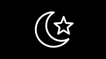 White outline crescent moon and star icon on black background, representing Islamic faith, Ramadan, and spirituality
