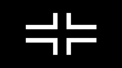 Fototapeta premium Abstract white cross symbol formed by four L-shapes on a black background, minimalist graphic design element.