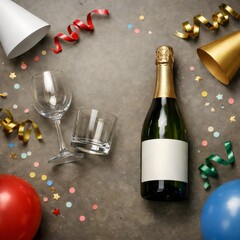 Champagne Bottle with Party Confetti and Streamers Flat Lay