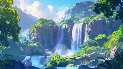 Video A serene waterfall surrounded by dense foliage and vibrant greenery, perfect for environmental or travel concepts