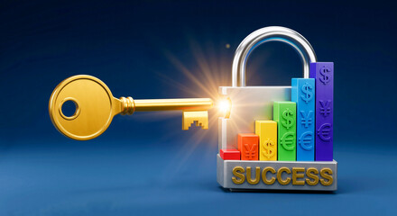 Golden key unlocking a silver padlock labeled SUCCESS, with colorful rising bars marked by global currency symbols, glowing with bright light on a clean blue studio background