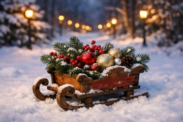 Rustic Wooden Sleigh with Holiday Greenery on Snowy Forest Path