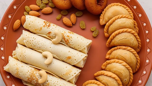 Traditional Indian Sweet Platter Patishapta Pitha, Gujiya, and Assorted Dry Fruits