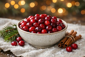 Fresh Cranberries in Ceramic Bowl with Cinnamon and Warm Bokeh