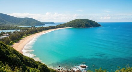 Obraz premium Idyllic tropical beach and turquoise sea, surrounded by green hills