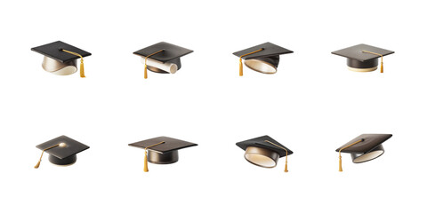 Collection of eight realistic black graduation mortarboard caps in various orientations for academic achievement concepts on transparent background