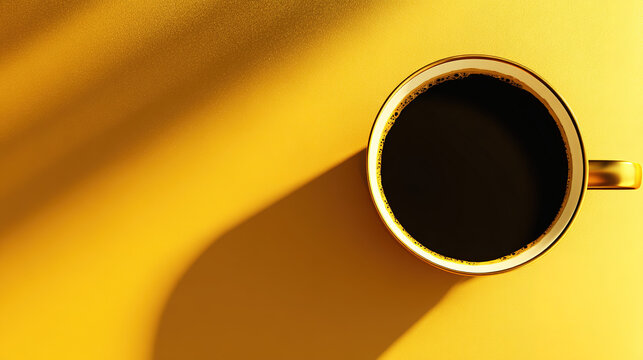 topdown. Minimalist coffee cup on a sleek gold-black surface, embodying simplicity and modern design. bar promotions, beverage menus, designed for product packaging and bar promotions.
