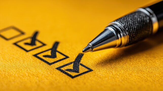 A textured yellow paper with a list of checkboxes and a black ballpoint pen marking the third checkbox with a checkmark.