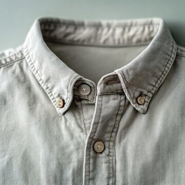 Detailed macro shot of a light gray casual button down shirt focusing on collar texture and buttons.