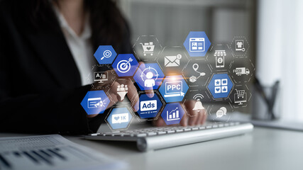 Concept of marketing online strategy using digital marketing, PPC campaigns, social media ads, and SEO analytics. Marketing online improves visibility, digital marketing drives engagement. Entice