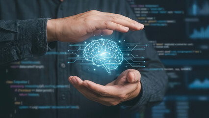 Artificial intelligence human brain digital brain data protection cyber security machine learning deep learning innovation concept human hand