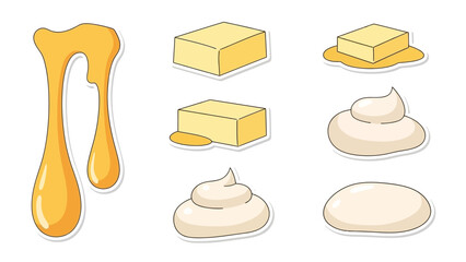 A delightful vector illustration set of essential breakfast and baking ingredients, showcasing golden honey drips, creamy butter blocks, and soft dollops of whipped cream