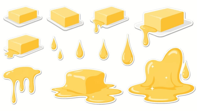 Vector illustrations of yellow butter. Features solid blocks, melting sticks, and liquid drops. Ideal for culinary, cooking, food, and recipe graphic design projects