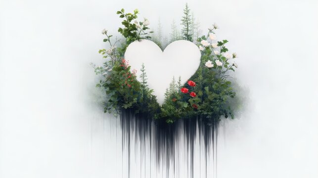 A serene heart-shaped design surrounded by lush greenery and colorful flowers, perfect for themes of love, nature, and wellness, Ideal for greeting cards, posters, or social media content,