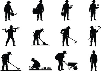 Obraz premium Farmer silhouette set with gardening tools and farming activities, agricultural worker illustrations, rural lifestyle concept, black vector figures isolated