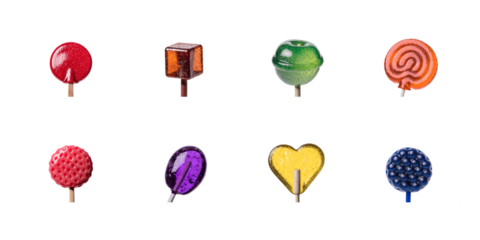 Collection of eight assorted hard candy lollipops featuring various shapes and fruit flavors on transparent background