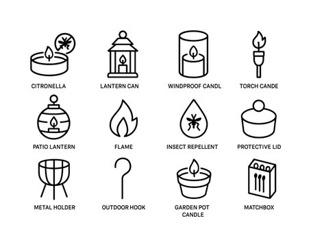 Outdoor Candle Icons. Outdoor candles. Line icon set of outdoor