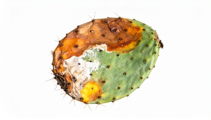 Cactus pad showing signs of decay with brown and green colors in a close-up view