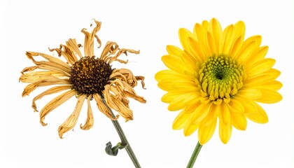 Dried flower next to fresh flower shows contrast between life stages in plant growth