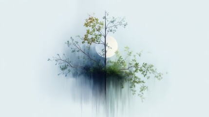 Obraz premium A serene digital artwork featuring a tree with soft colors against a pale backdrop and a glowing moon, Ideal for nature-themed projects, wellness materials, or calming design elements,