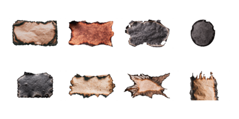 Collection of eight different shapes of aged crumpled paper scraps featuring distinct dark burnt edges on transparent background