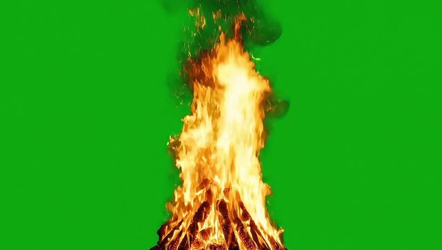 Dramatic fire flames isolated on green screen for video projects