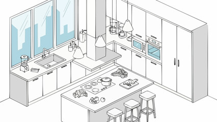 Modern Kitchen Interior Design Sketch with Island and Appliances.