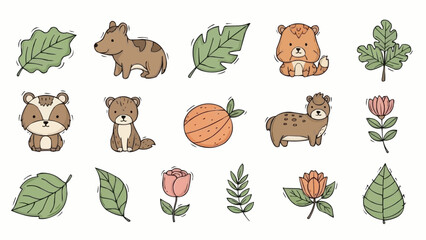 Cute Cartoon Animals and Botanical Elements Collection.