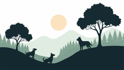 Three dogs silhouetted against a serene natural landscape at sunset.