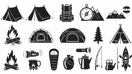 Camping and Outdoor Adventure Gear Collection Icons.