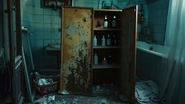 Video An old refrigeration unit situated near a bathtub, possibly abandoned or waiting for disposal