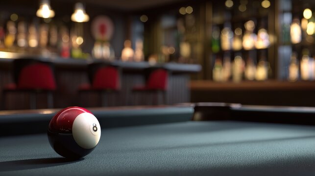 Close-up of an 8-ball on a pool table in a dimly lit with a blurred bokeh background