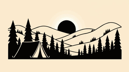Silhouette of a camping tent nestled among pine trees with rolling hills and a setting sun in the background.