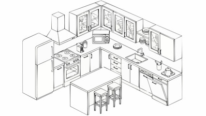 Modern Kitchen Interior Design Blueprint with Island and Appliances.