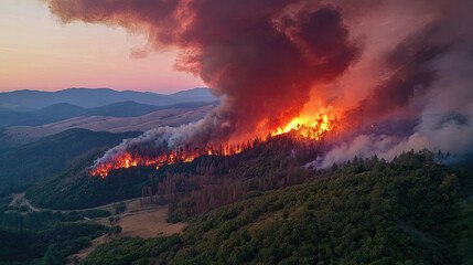 Fototapeta premium Hillside forest burning fiercely amid dense smoke concept. Aerial view of a devastating forest fire at sunset.