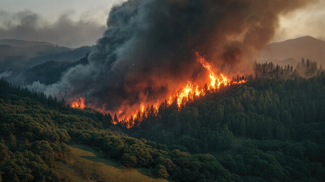 Hillside forest burning fiercely amid dense smoke concept. A wildfire engulfs a forested hillside, showcasing nature's fury.