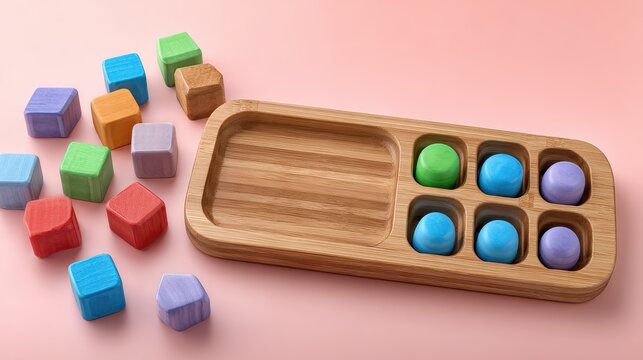 Wooden mancala board with colorful building blocks scattered around on a pink background. Top view.