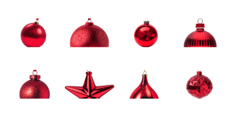 Collection of eight diverse shiny red holiday Christmas tree ornaments with textured designs isolated on transparent background on transparent background