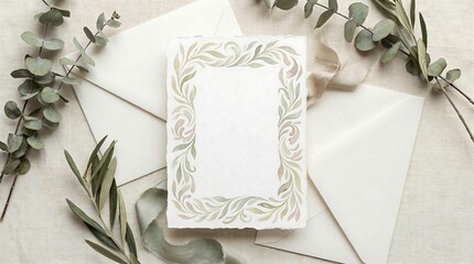 Blank watercolor card with botanical leaf border, envelopes, eucalyptus on soft fabric, ideal for customizable invitations and elegant wedding stationery