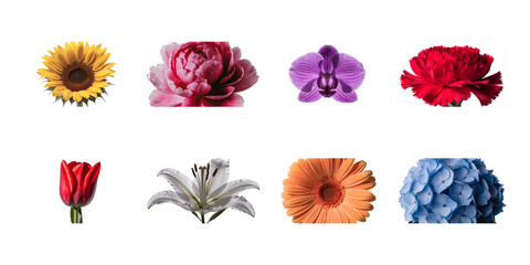 Collection of eight vibrant, high-quality flower heads including sunflower orchid peony tulip lily carnation gerbera and hydrangea on transparent background
